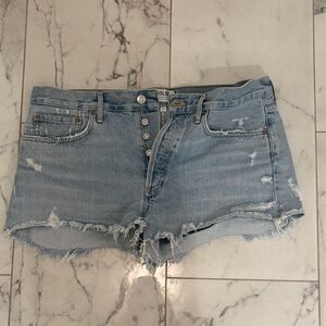 Agolde Light Blue Frayed Jean Shorts
